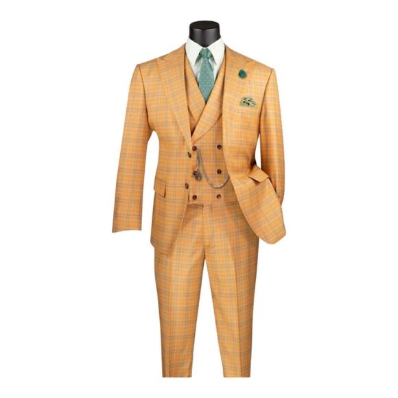 MEN'S VINCI 3 PIECE MODERN FIT ORANGE WINDOWPANE PLAID SUIT. MV2W-3 - Picture 2 of 3